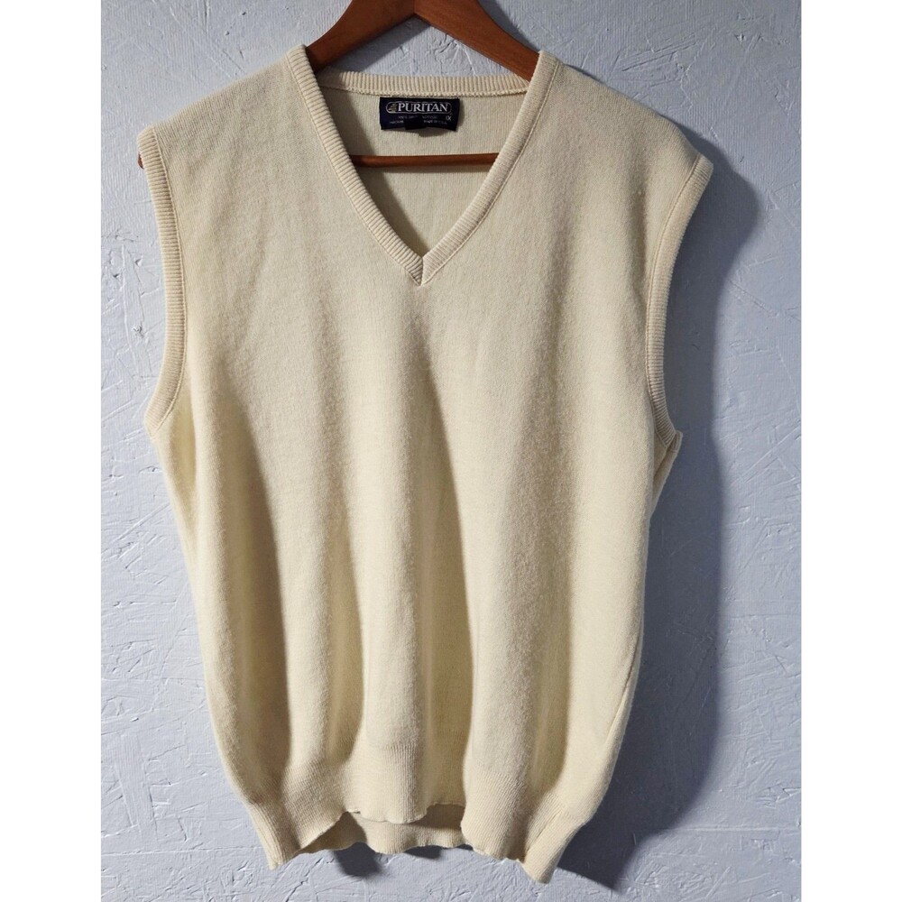 Vintage 80s Men's Puritan Cream V-Neck Acrylic Sweater Vest - 1X